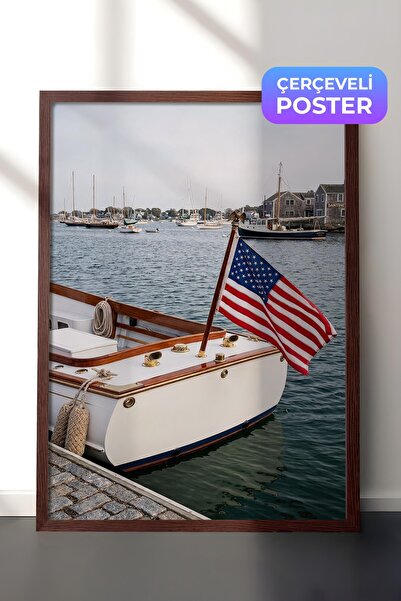 Postifull Boat and Flag Poster, Brown Framed Poster, Old Money Series, No:113170