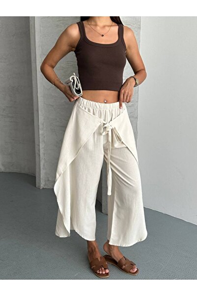 Butik Beyza Layered Look Wide-Legged Trousers with Tie-Up Detail