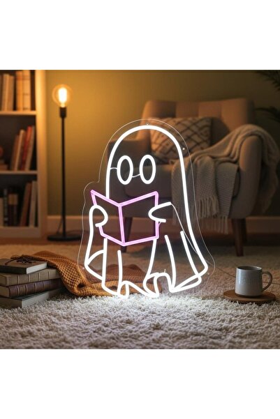 Slasa Ghost Reading Book LED Neon Sign with 6mm Acrylic Base White 20x30 cm