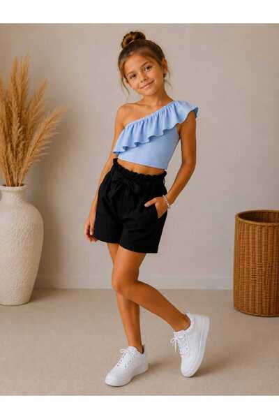 BEBEĞİME ÇORAP Girls' Ruffle Sleeve Blouse and Linen Shorts Top and Bottom Set