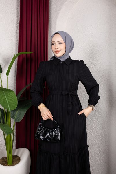 Moda MSK Lara Buttoned Shirt Collar Dress Black