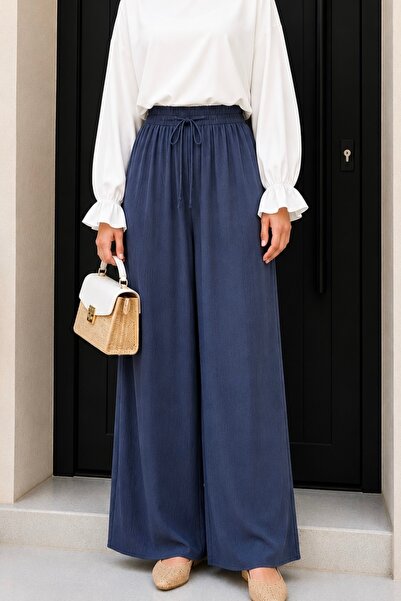 İmajButik Παντελόνι σε μπλε ναυτικό χρώμα με ελαστική μέση και φαρδιά μπατζάκια