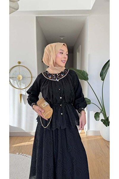 Moda Asrın Fisto Tesettür Giyim Çiçek Nakışlı Brodeli Etekli İkili Takım Siyah