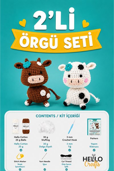 LİVA CRAFT Art & Craft Örgü Seti, 2'li İnek Amigurumi Örgü Kiti, Tüm Malzemeleri İçerisinde Pro Set