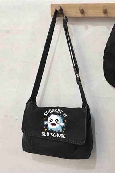 Minga London Black Spookin It Old School Printed Denim Messenger Bag
