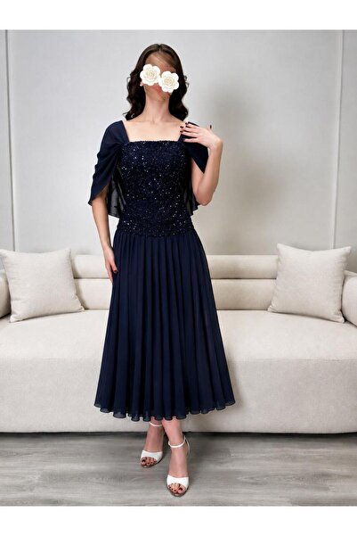 Mar style Elegant Embroidered Top and Draped Sleeves Midi Dress