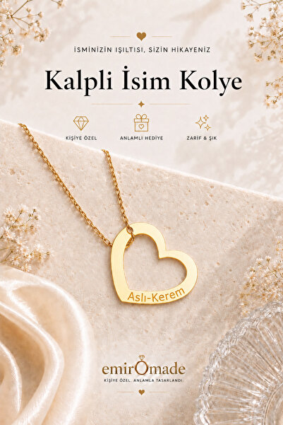 emirOmade 925 Ayar Gümüş Kişiye Özel İsimli Kalp Kolye Gold Rengi 14 Ayar Alt...