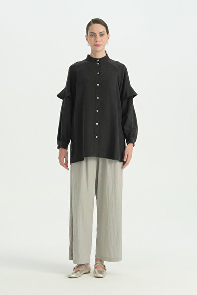Nihan Lyocell Tunic with Flared Sleeves - Black
