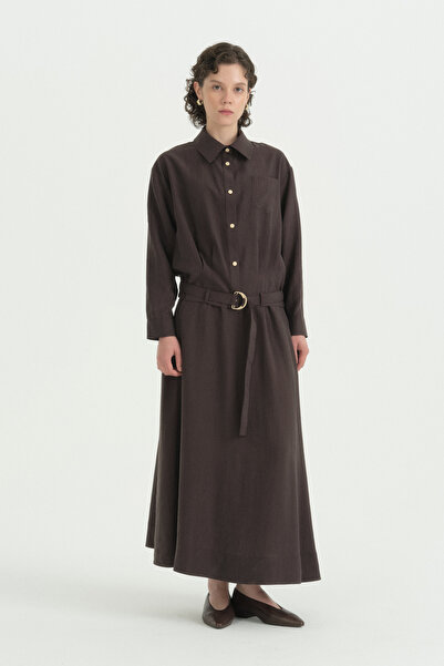 Nihan Viscose Skirt Shirt Set - Brown