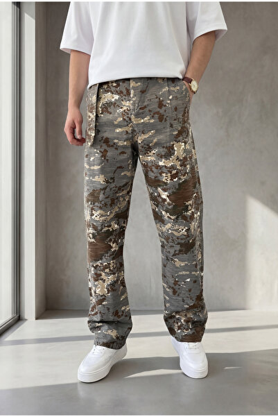 MENOFOURSWEAR Men's Belt Detailed Camouflage Patterned Linen Baggy Trousers