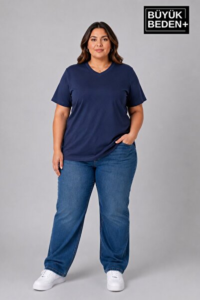 Superlife Süperlife Large Size Women's V-Neck Cotton Basic T-Shirt Navy Blue ...