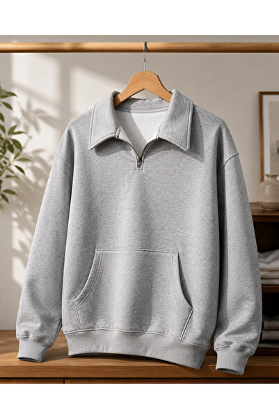 cekud tasarım baskı Gri Yarım Fermuarlı Sweatshirt – Unisex Dik Yaka Kanguru ...
