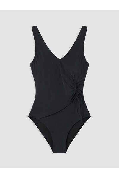 LC Waikiki Lcw Dream Black V-Neck Plain Gathered Women's Swimsuit
