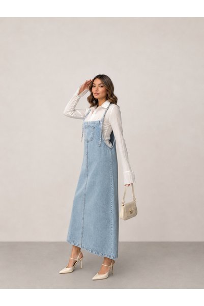 SHEVEGA Ice Blue Long Strap Denim Jeans Gilet Dress