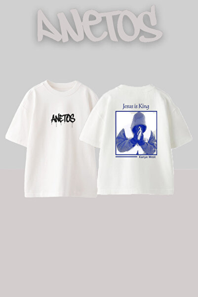 Anetos Κάνιε Γουέστ Σχέδιο  "Jesus is King " Τυπωμένο Unisex Oversize Λευκό T...