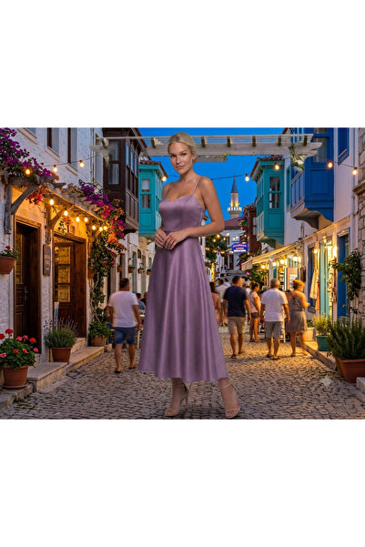 wisteriA İp Askılı Kalp Yaka Asetat Saten Midi Boy Abiye Elbise