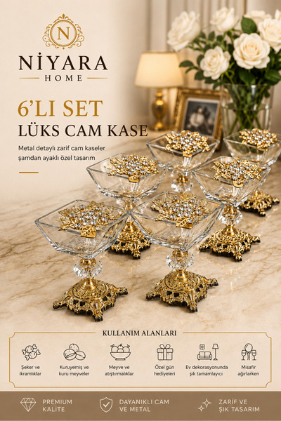 Niyara home Set of 6 Luxury Glass Bowls Elegant Glass Bowls with Metal Detail...