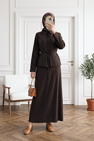 MODAQU Fringed Skirt, Stone Detailed Belted Polyviscon Double Set - Brown