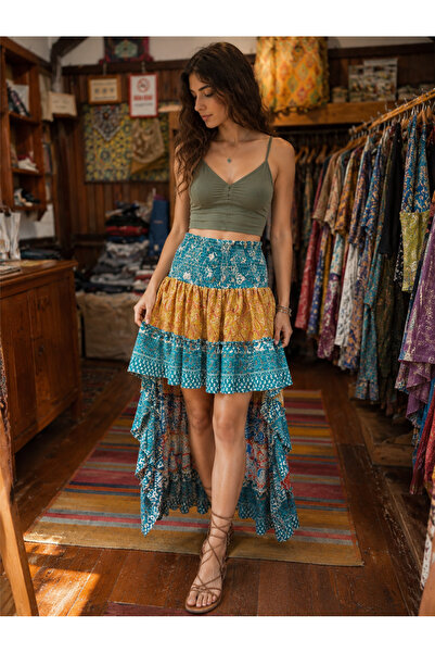 Miss Boheme Green Color Imported Short Front Long Back Bohemian Silk Skirt