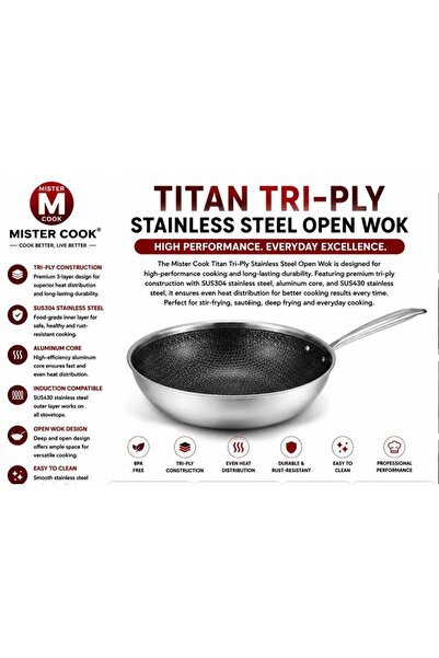MISTERCOOK Mister Cook Titan Tri-Ply Stainless Steel Open Wok – SUS304 + Alum...