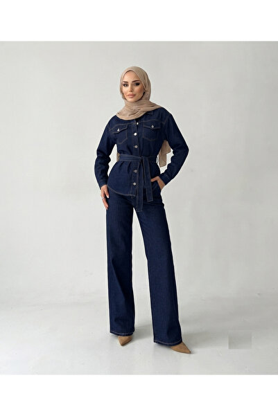 SHEVEGA Navy Blue Belted Denim Jacket Wide Leg Pants Jean Denim Two-Piece Set