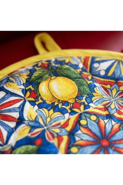 FivenStudio Lemon Patterned Lavash Bread Cover 28 cm |   Water-Repellent Duck Linen Fabric |   Round Bread Storage and Serving Case