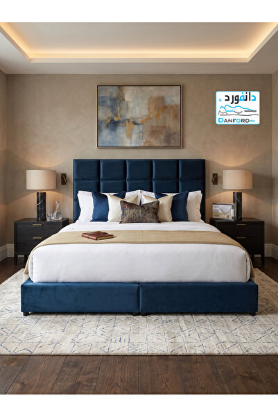 DANFORD BD Modern Velvet Navy Blue Bed 200X200 cm |   Super King Size Bed Lux...