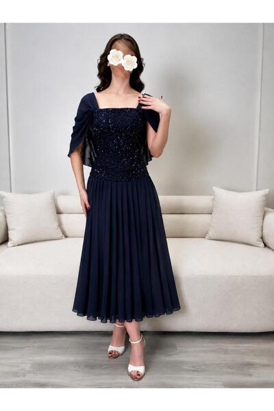 led style Chiffon Cape Midi Dress with Shiny Embroidery