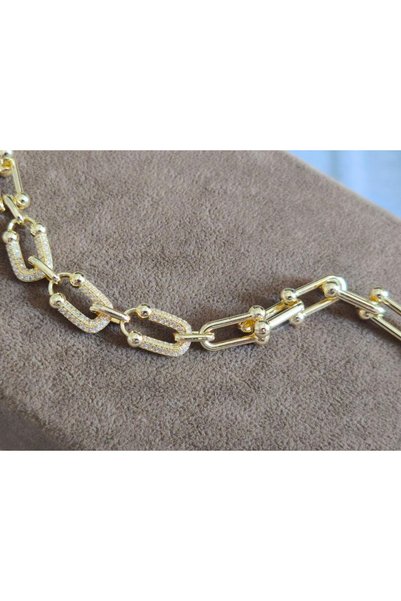 MuseumofYou T Model Bracelet, Zircon Stone Detail, Gold Color Plated, Medium Thickness, Bead Length 1.5 cm