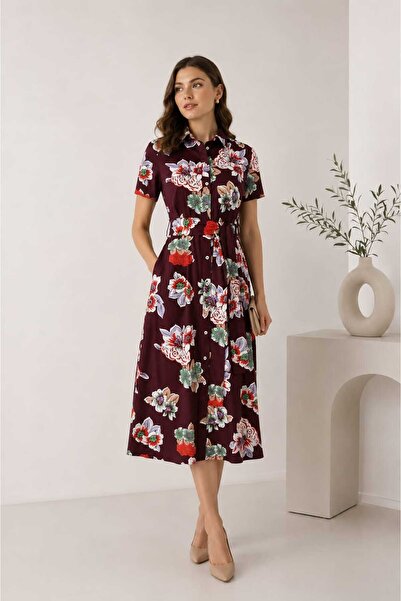 Bad Ro24-10(2) - Rochie midi damă din bumbac, imprimeu floral, tip cămașă, cu...