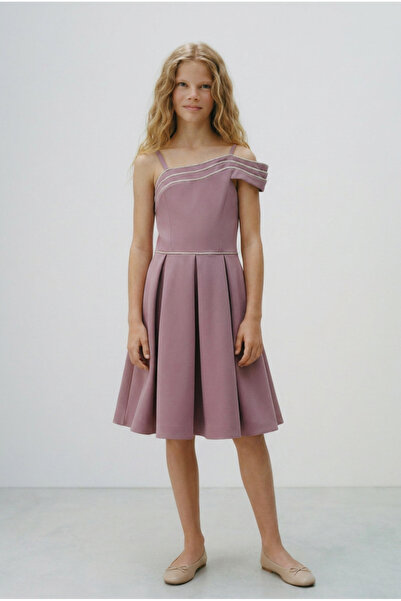 Magu Girl's Cotton Lilac One-Shoulder Dress with Glitter Stripe Detail