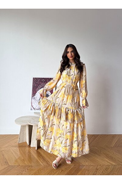 Esma Gündoğdu Perry Model Çiçek Desenli Sarı Elbise