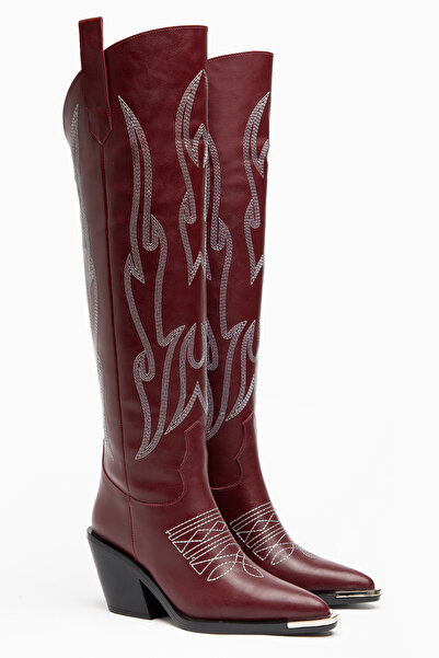 DENORA Burgundy Matte Leather Metal Toe Cap Above-Knee Embroidered Western Co...