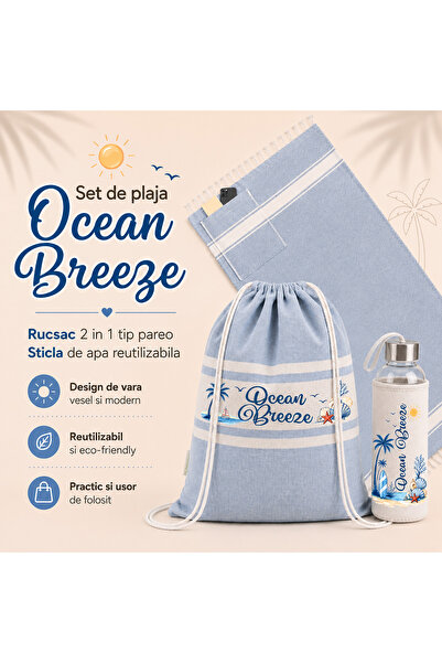 Bloom Atelier Set de plaja Ocean Breeze, Rucsac 2 in 1 tip pareo + Sticla de ...