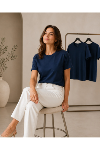 Hediyesepeti Kadın Regular Fit Bisiklet Yaka Kısa Kollu Tişört %100 Pamuklu T-Shirt Lacivert Renk