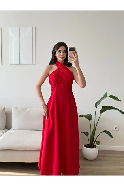 Zoom Butik Çapraz Bağlamalı Premium Elbise - KIRMIZI