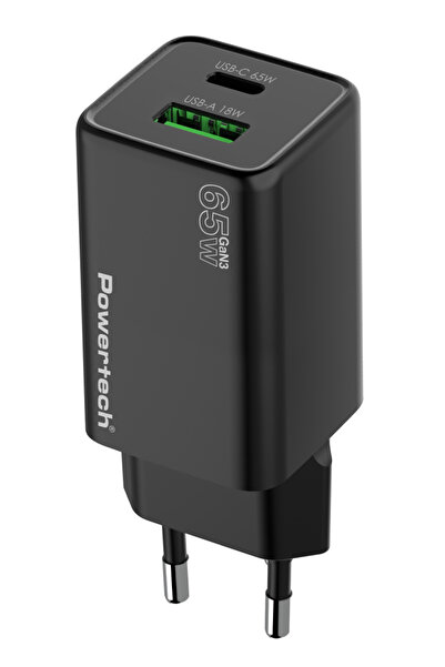 POWERTECH φορτιστής τοίχου PT-1501, USB/USB-C, 65W, GaN, μαύρος