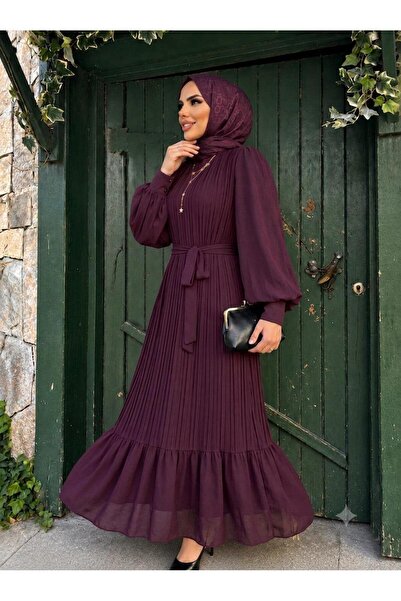 CYM Butik Pleated Balloon Sleeve Chiffon Hijab Dress