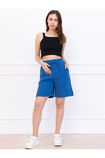 Flubutik Women's Blue Muslin Cotton Short Shorts