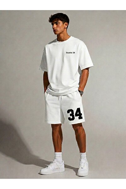 ONLY QUALİTY Unisex White Balance Printed Tshirt Black Summer Tracksuit Set