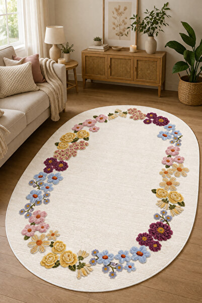 Pelura Halı Floral Çerçeve Desen Baskılı Oval Kaymaz Yıkanabilir Salon Oturma...