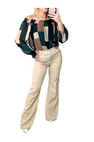 Woman's Fashion Γυναικείο ψηλόμεσο παντελόνι σε στενή γραμμή εκρού