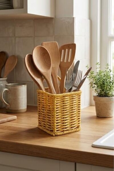 Yıldızan Nry Shop Square Wicker Textured Plastic Rattan Spoon and Fork Holder...