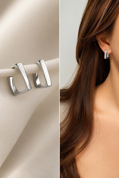 TREND COLLECTİON Silver Color Rectangular Earrings Minimal Women's Earrings