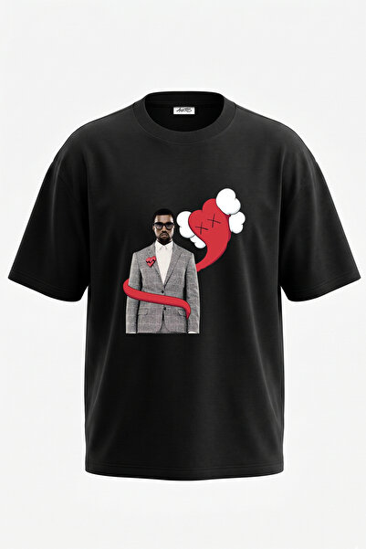 Anetos Kanye West Kaws Design Printed Unisex Oversize Black Tshirt