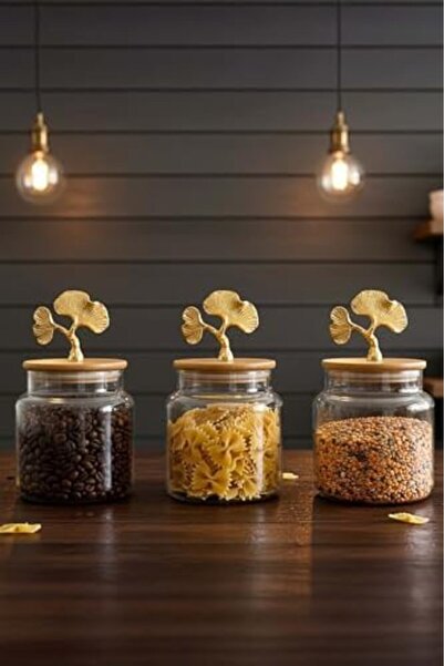 Yıldızan Set of 3 Glass Jars with Golden Ginkgo Figures – 635 Cc Storage Cont...