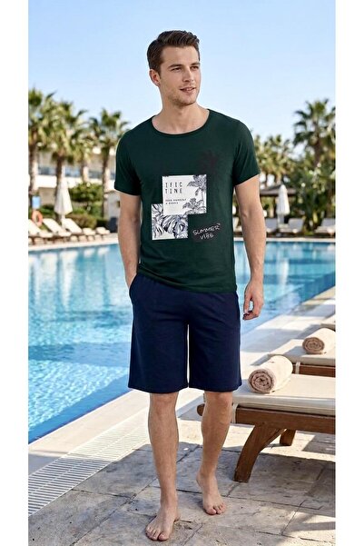 seamlife 9831 Men's Green Navy Blue Combed Cotton Half Sleeve Shorts Set Dark...