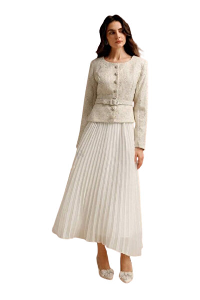 OEM Rochie plisata cu maneci lungi pentru femei, Alb/Crem, marimea M