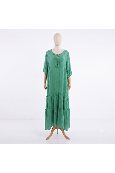 Park Moda Women's Bohemian Style Linen Fabric V-Neck Tassel Detailed Maxi Dress