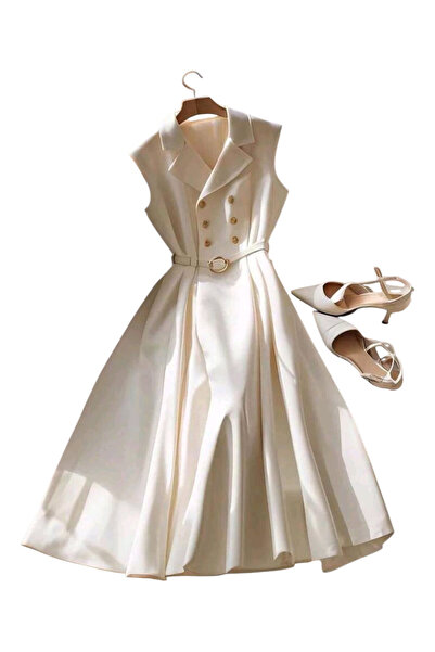 OEM Rochie eleganta, stil sacou, cu nasturi si curea, crem, XL